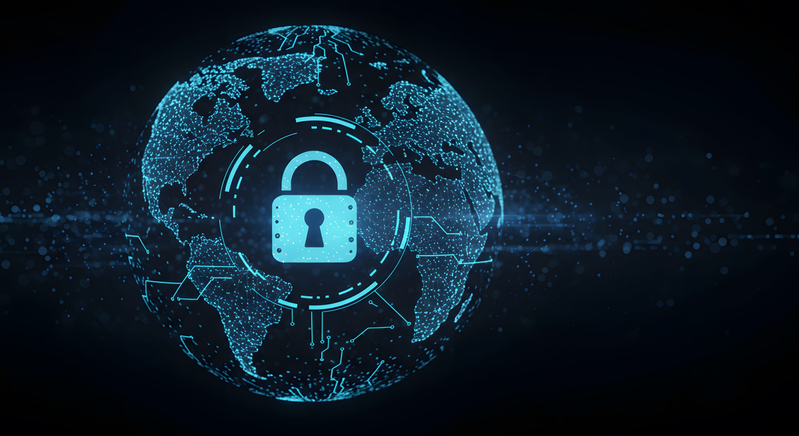 Abstract glowing padlock imposed on a neon globe