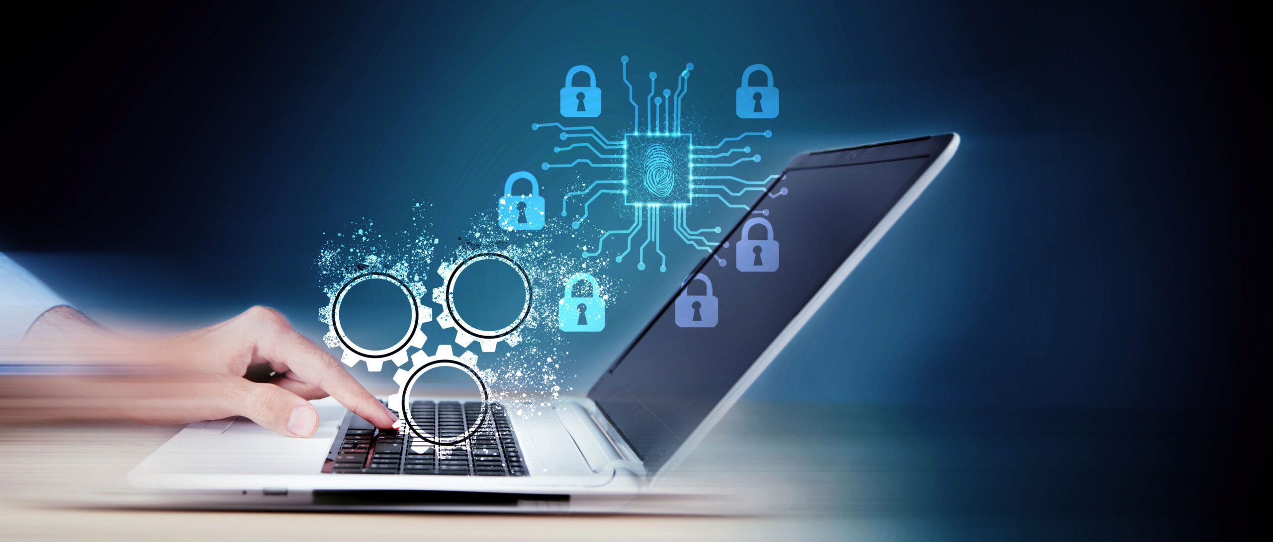 a laptop with symbols emerging from the screen, including a fingerprint connected to locks