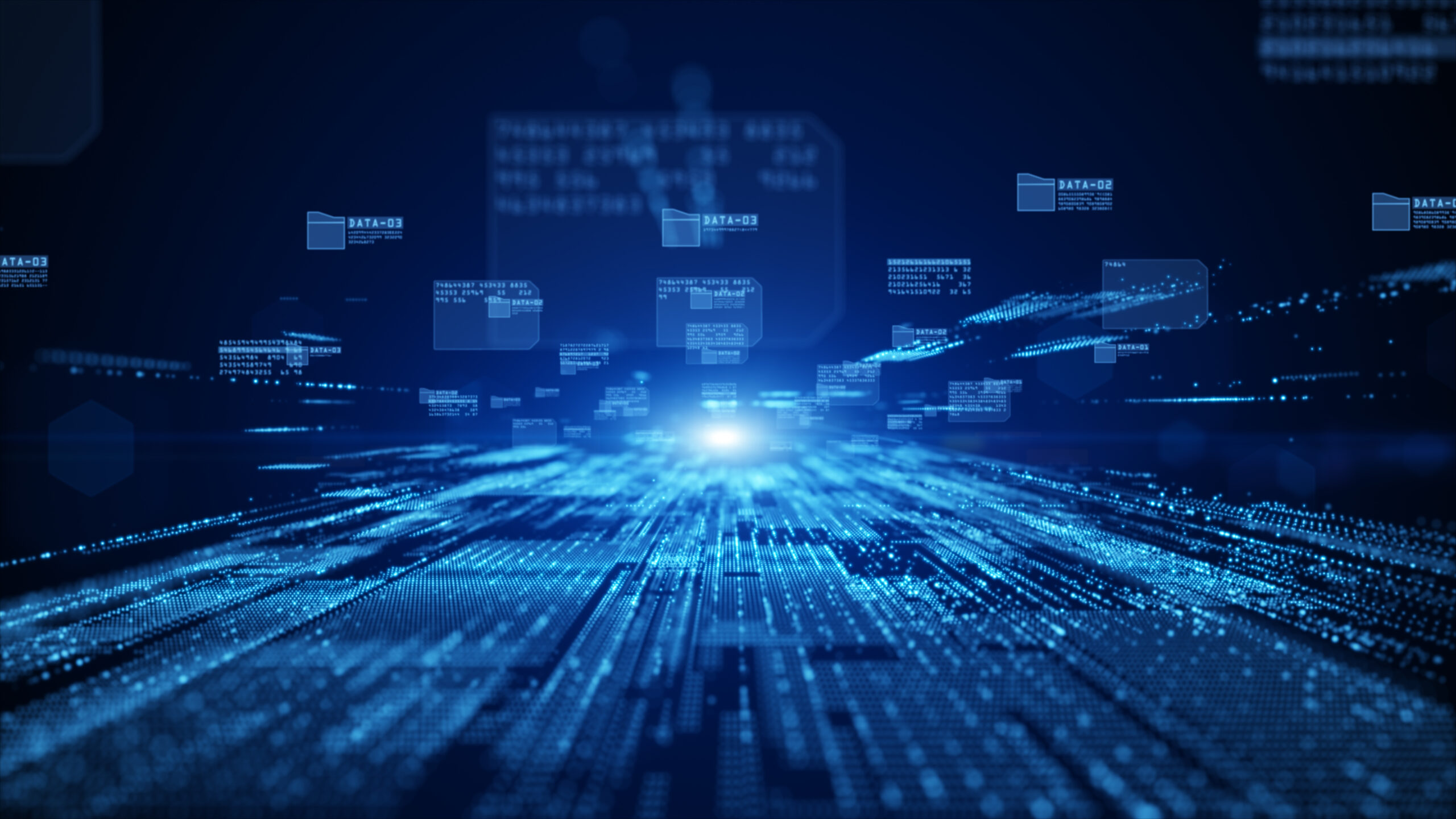 Abstract images of database entries floating in a light blue screen.