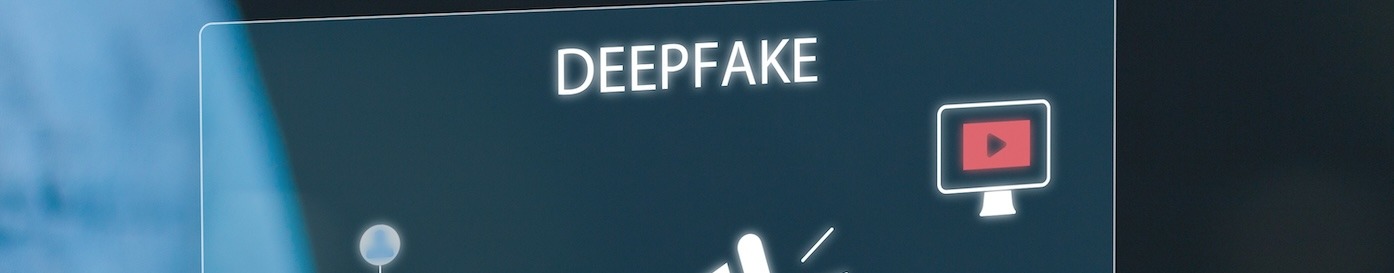 Hands hold smartphone which is projecting a transparent digital screen with symbols that says deepfake.