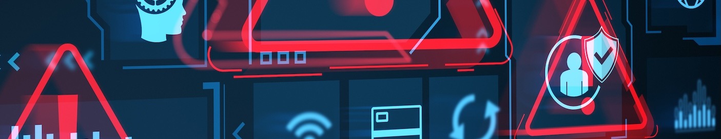 An abstract digital mural with warning symbols, red triangles, and computer warning symbols.