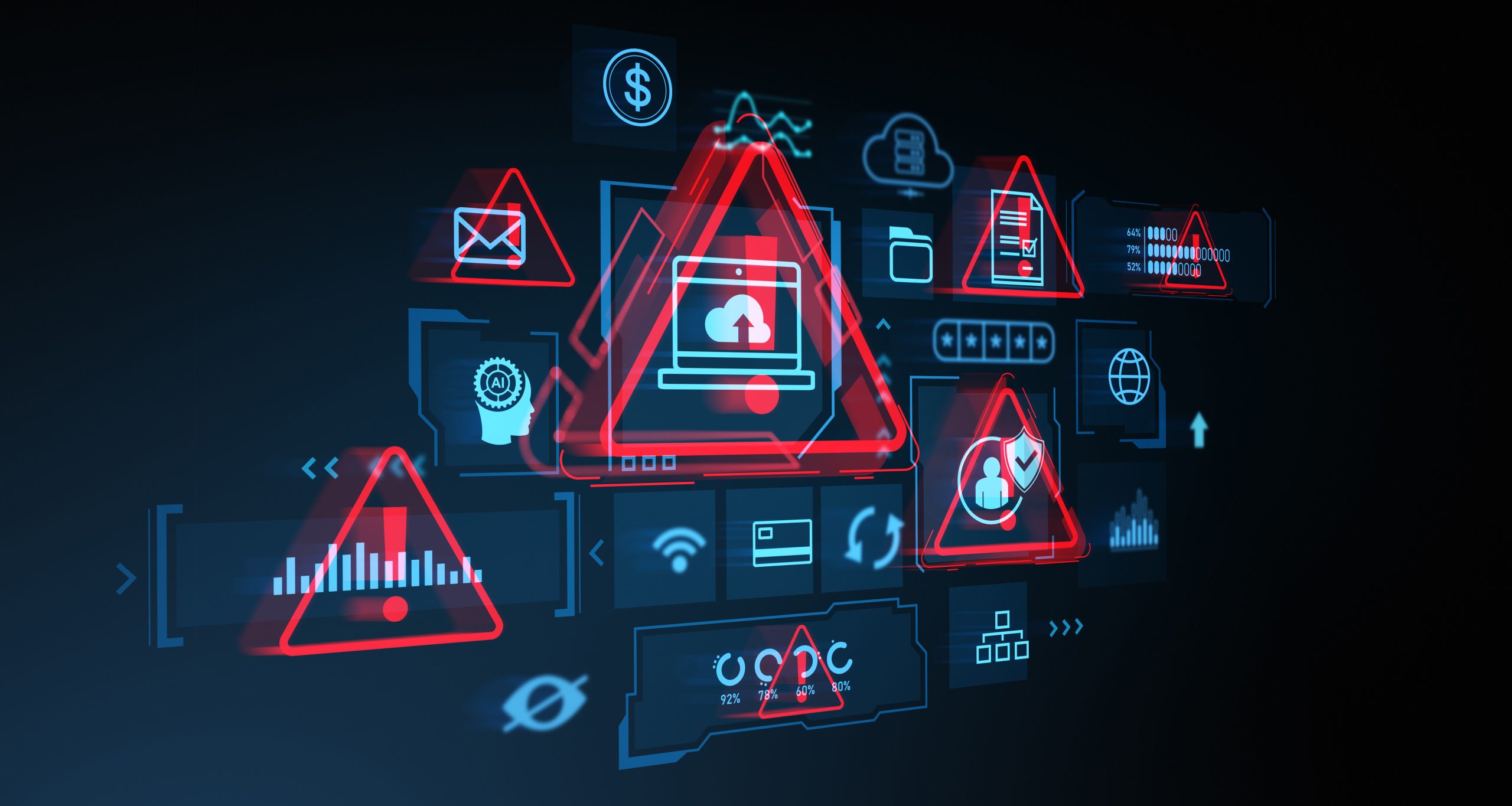 An abstract digital mural with warning symbols, red triangles, and computer warning symbols.