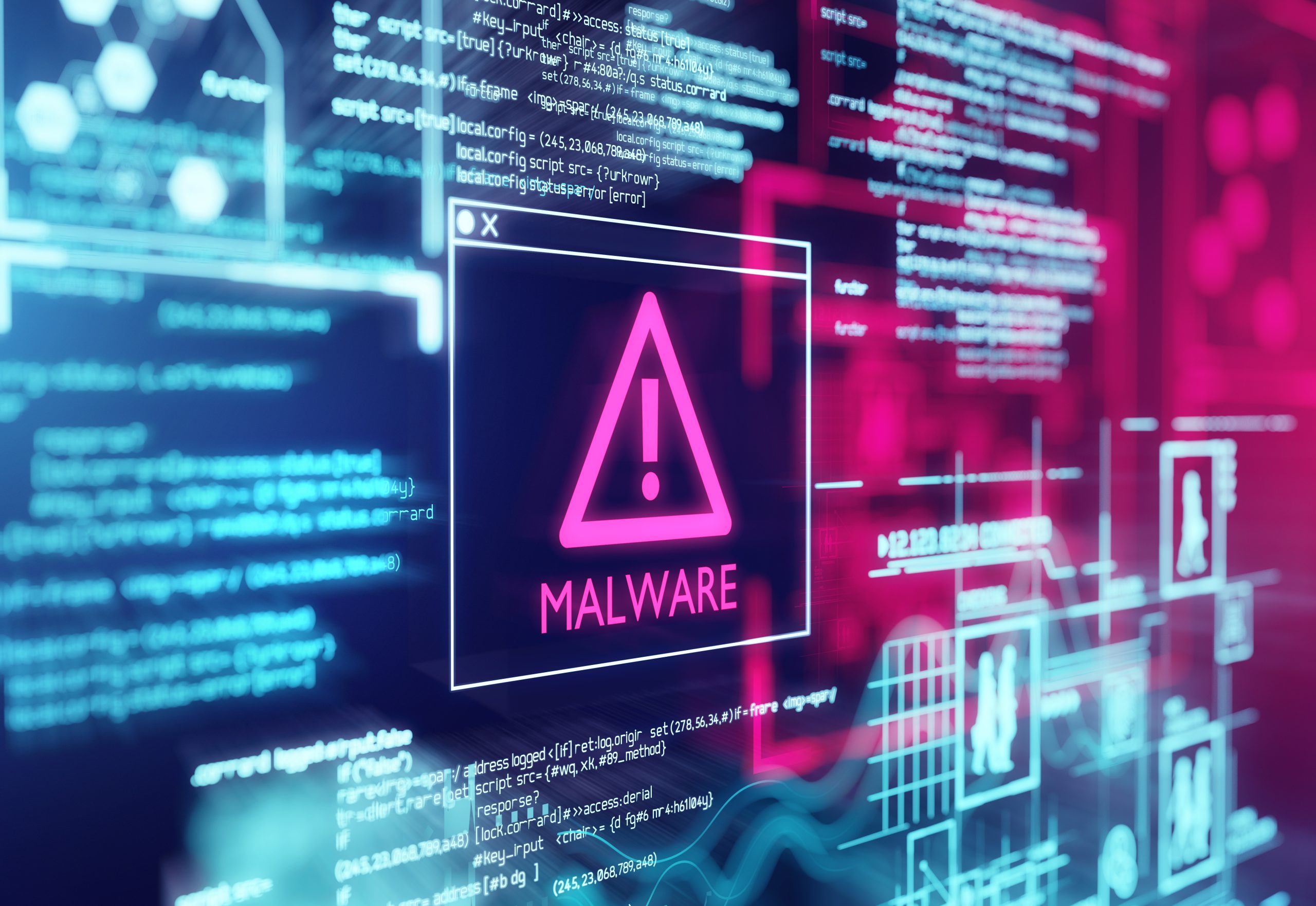Glowing Neon malware sign on a digital projection background.