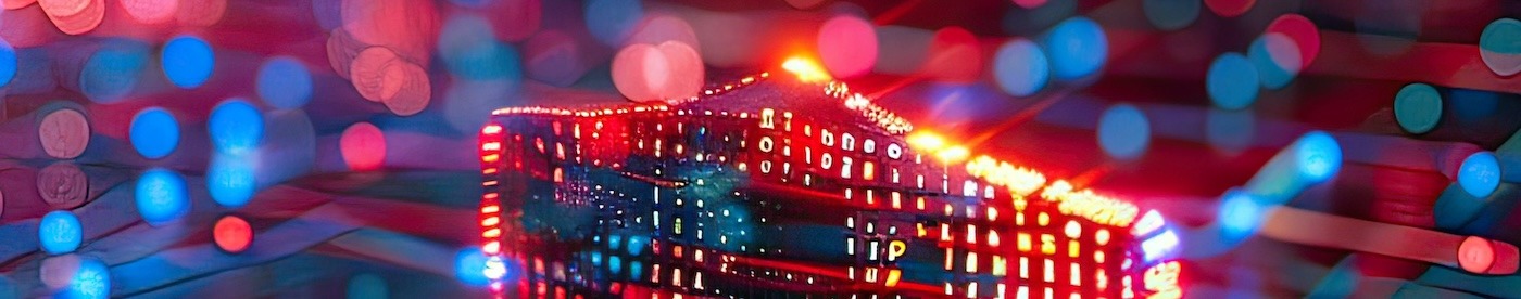 Abstract glowing shield, colored orange, on a digital blue and red background.