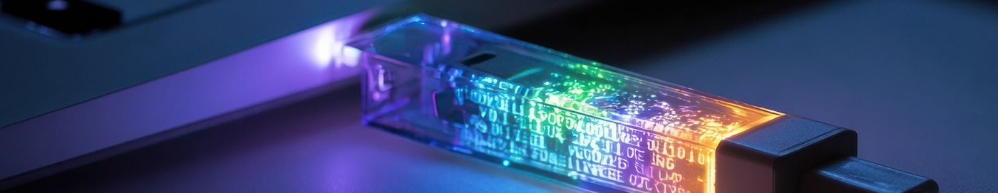 A long, rainbow-colored digital USB plugged into a laptop.