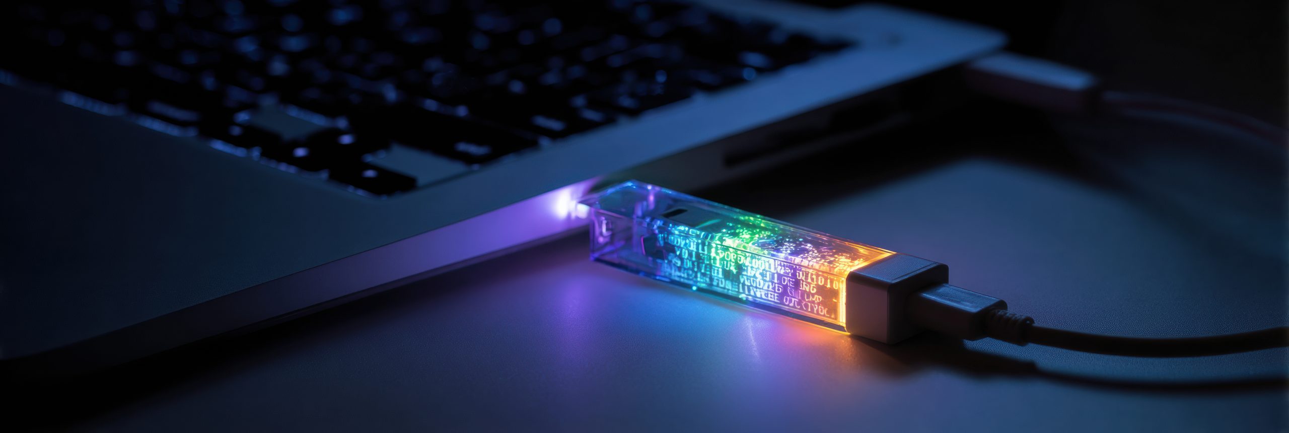 A long, rainbow-colored digital USB plugged into a laptop.