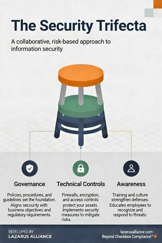 Security Trifecta™ infographic by Lazarus Alliance: Governance, Technical Controls, and Awareness illustrated as a three-legged stool for strong, sustainable information security and compliance.