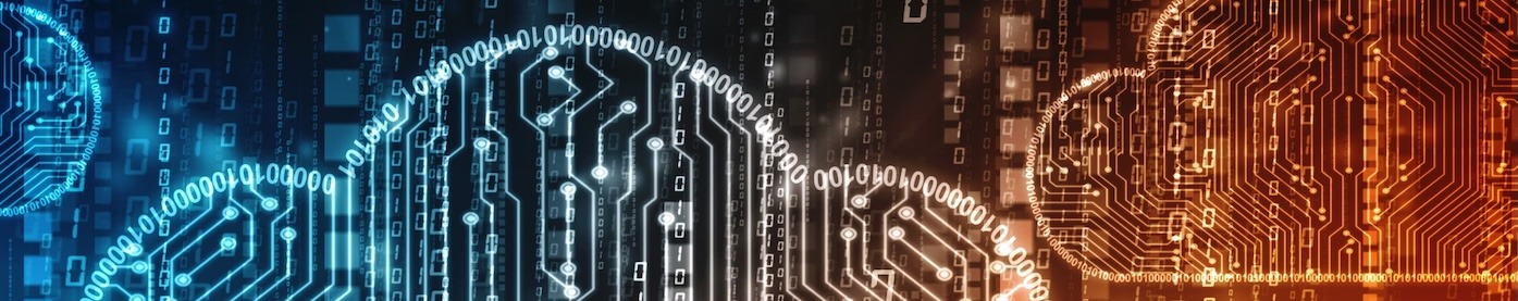 An abstract, digital cloud shaped from numbers and code, gradient from red to blue.