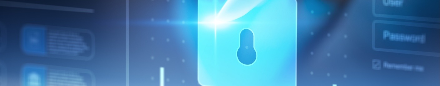 glowing green padlock on an abstract blue background.