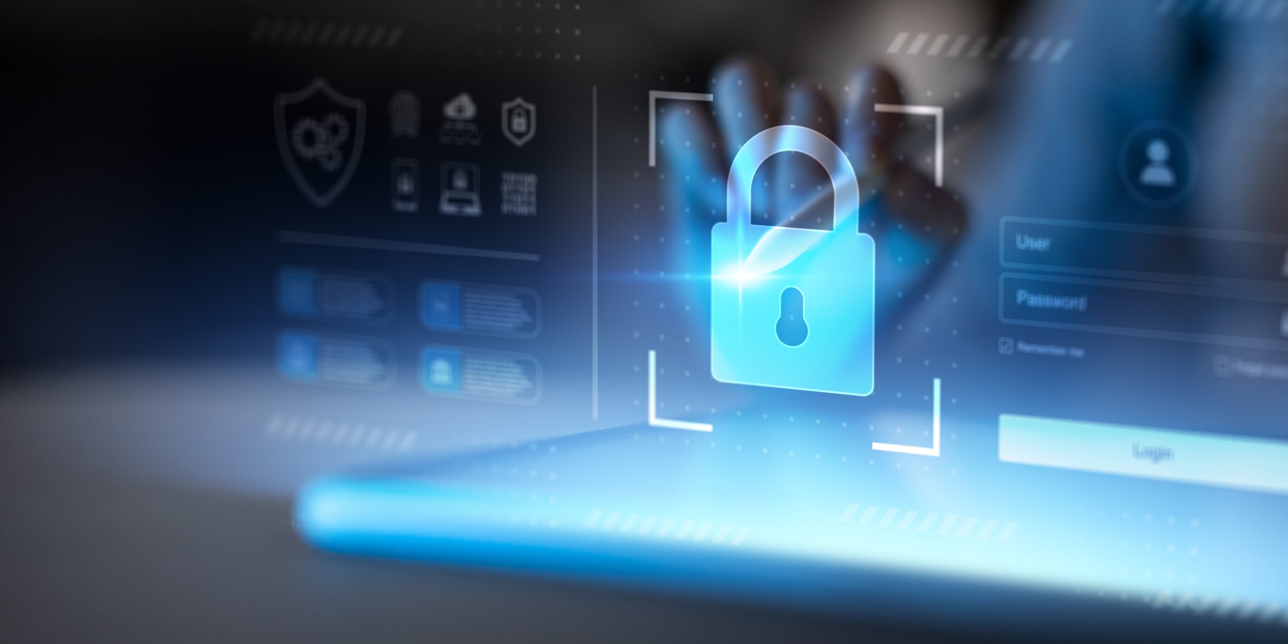 glowing green padlock on an abstract blue background.