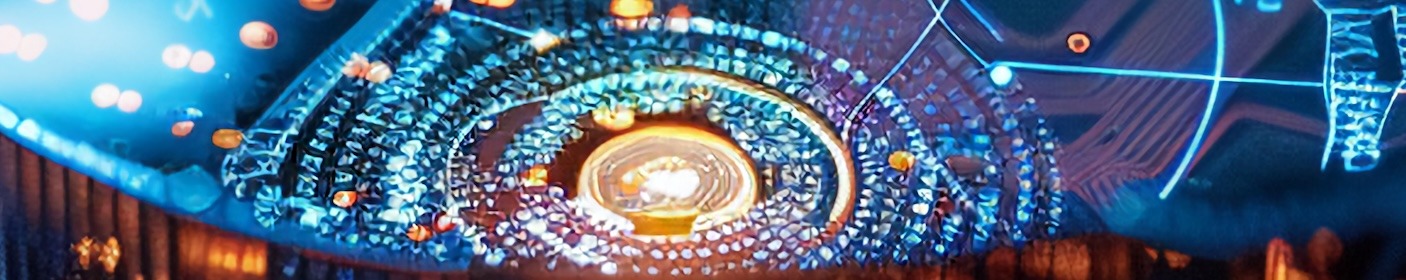 orange glowing circuits on a blue motherboard with a magnifying glass laying on top of it all.