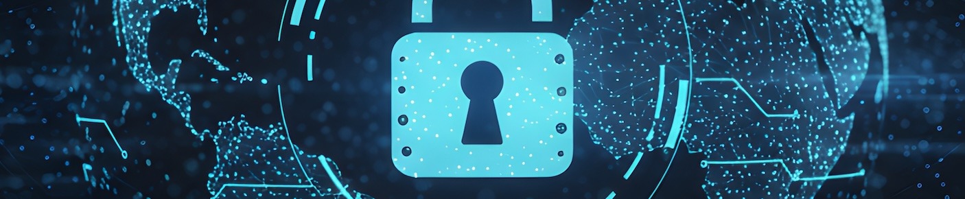 blue digital padlock on an abstract, transparent projection of a globe.