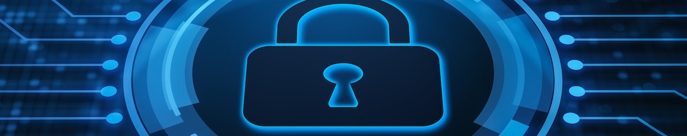 a digital blue and black padlock in a circle that looks like a CPU and motherboard.