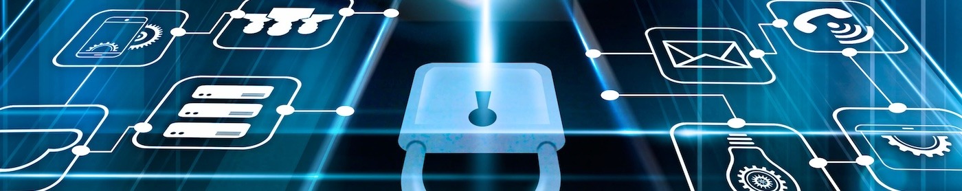 Blue abstract padlock laying on an abstract circuit board drawing, with light connect the lock to a mouse in a person's hand.