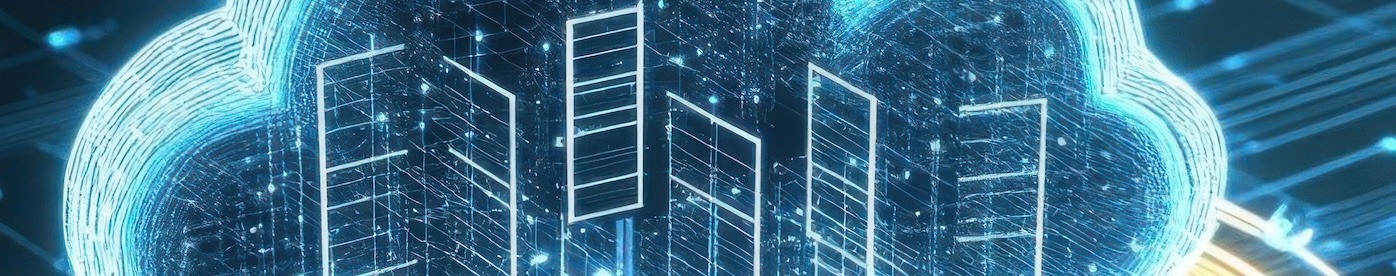 A digital cloud on an abstract tech background and floating over building wireframes.