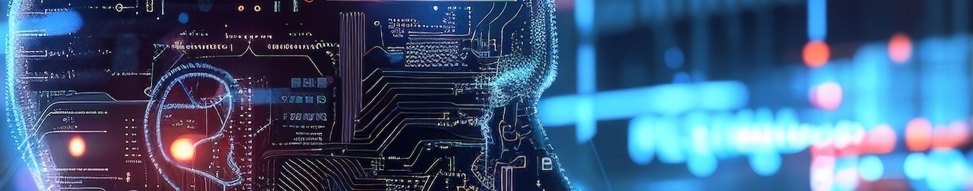 An abstract image of a person/AI made of glowing circuits in front of a wall with circuits and code on it.