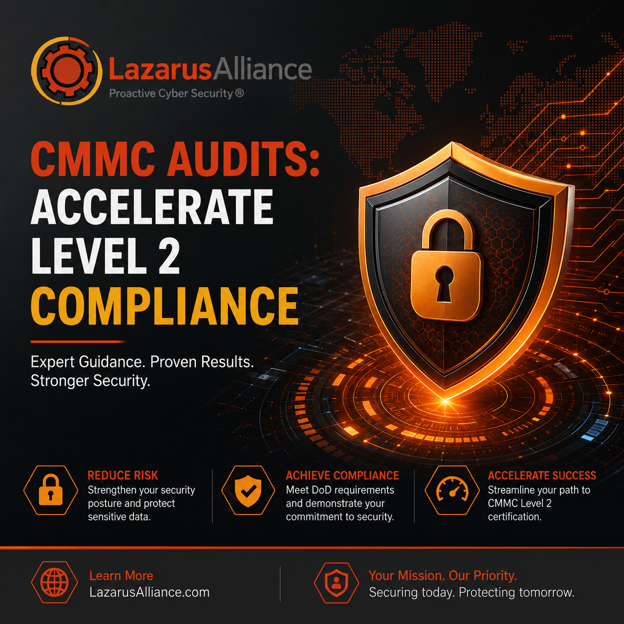 Lazarus Alliance cybersecurity blog featured image promoting CMMC audits and compliance. The official Lazarus Alliance logo appears in the upper left against a dark, high-tech background with glowing orange and gold network circuitry. Large headline text reads, “Lazarus Alliance CMMC Audits: Accelerate Level 2 Compliance.” A prominent shield-and-lock cybersecurity graphic dominates the right side, symbolizing data protection and regulatory compliance. Supporting text highlights expert guidance, proven results, stronger security, risk reduction, compliance achievement, and accelerated certification success. The design uses Lazarus Alliance brand colors—burnt orange, golden yellow, and dark gray—with a modern corporate ceybersecurity aesthetic.