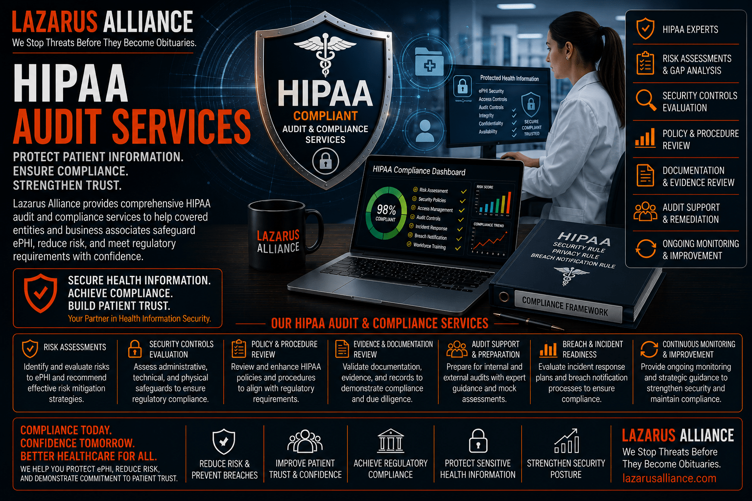HIPAA Audit Services by Lazarus Alliance—wide banner featuring a HIPAA compliance dashboard, healthcare cybersecurity shield, secure clinical environment, and enterprise audit visuals. The graphic highlights HIPAA risk assessments, security control evaluations, policy and procedure reviews, documentation and evidence validation, audit preparation, breach and incident readiness, and continuous monitoring services that help healthcare organizations and business associates protect electronic protected health information (ePHI), strengthen security, and maintain HIPAA compliance.