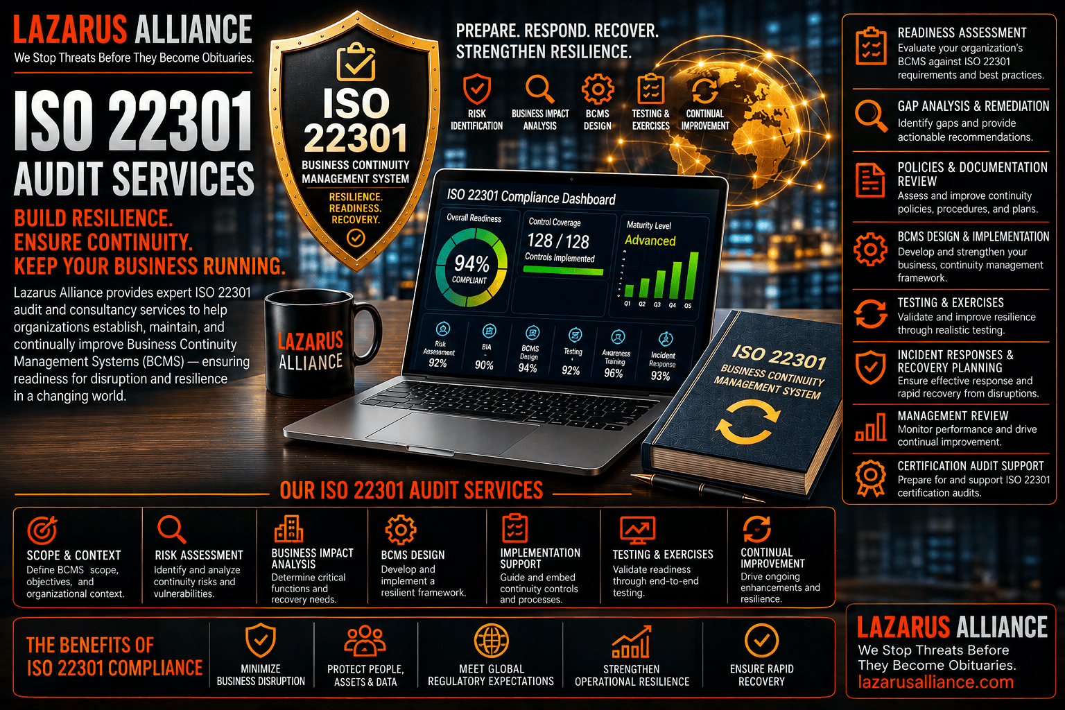 ISO 22301 Audit Services by Lazarus Alliance—wide banner featuring an ISO 22301 Business Continuity Management System (BCMS) compliance dashboard, enterprise resilience and continuity planning visuals, global operations network, and business continuity governance imagery. The graphic highlights ISO 22301 readiness assessments, business impact analyses (BIA), continuity risk assessments, BCMS design and implementation, policy and documentation reviews, business continuity plan validation, resilience testing and exercises, incident response and recovery planning, management reviews, certification audit preparation, and continual improvement services that help organizations strengthen operational resilience, minimize business disruption, accelerate recovery, protect critical business functions, and maintain compliance with ISO 22301 Business Continuity Management System requirements.