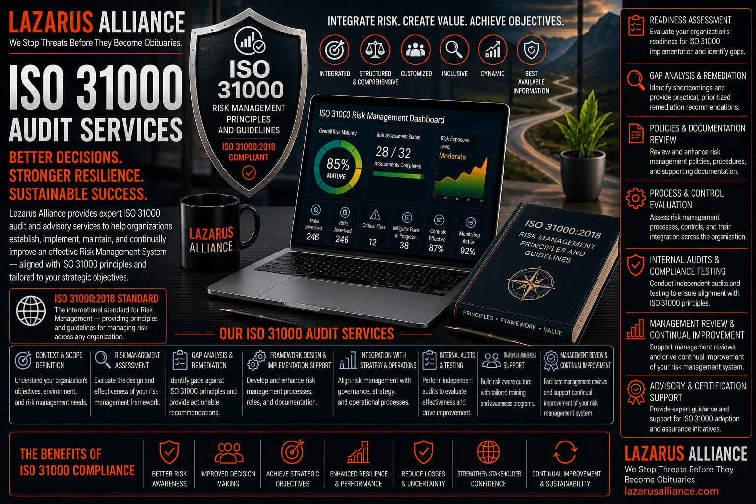 ISO 31000 Risk Management Services by Lazarus Alliance—wide banner featuring an ISO 31000 enterprise risk management dashboard, executive governance visuals, strategic risk analytics, and organizational resilience imagery. The graphic highlights ISO 31000 risk management assessments, enterprise risk framework evaluations, governance and policy reviews, risk identification and analysis, gap assessments, risk treatment planning, implementation guidance, management reviews, continual improvement, and executive reporting services that help organizations integrate risk management into strategic decision-making, improve operational resilience, strengthen governance, reduce uncertainty, and align with ISO 31000 risk management principles and best practices.