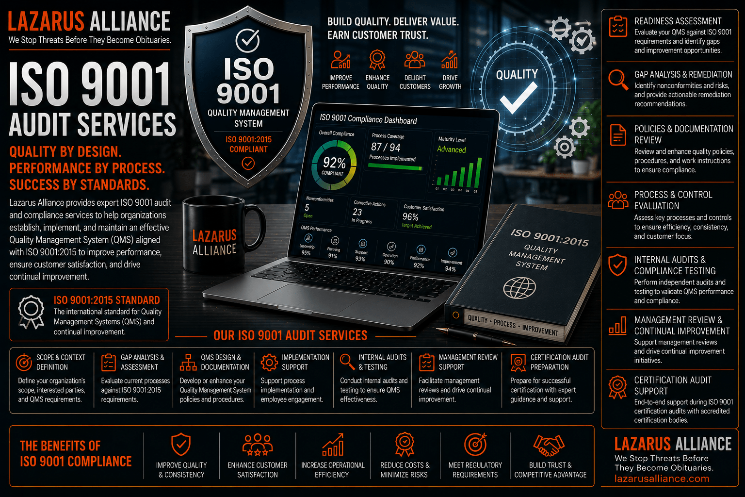 ISO 9001 Audit Services by Lazarus Alliance—wide banner featuring an ISO 9001 Quality Management System (QMS) compliance dashboard, enterprise quality management visuals, digital process monitoring, and governance imagery. The graphic highlights ISO 9001 readiness assessments, quality management system (QMS) evaluations, gap analysis, process and control reviews, policy and documentation assessments, internal audits, management reviews, certification audit preparation, continual improvement, and certification support services that help organizations establish, maintain, and improve an ISO 9001-compliant Quality Management System, enhance operational efficiency, increase customer satisfaction, strengthen quality governance, and demonstrate commitment to continual improvement.