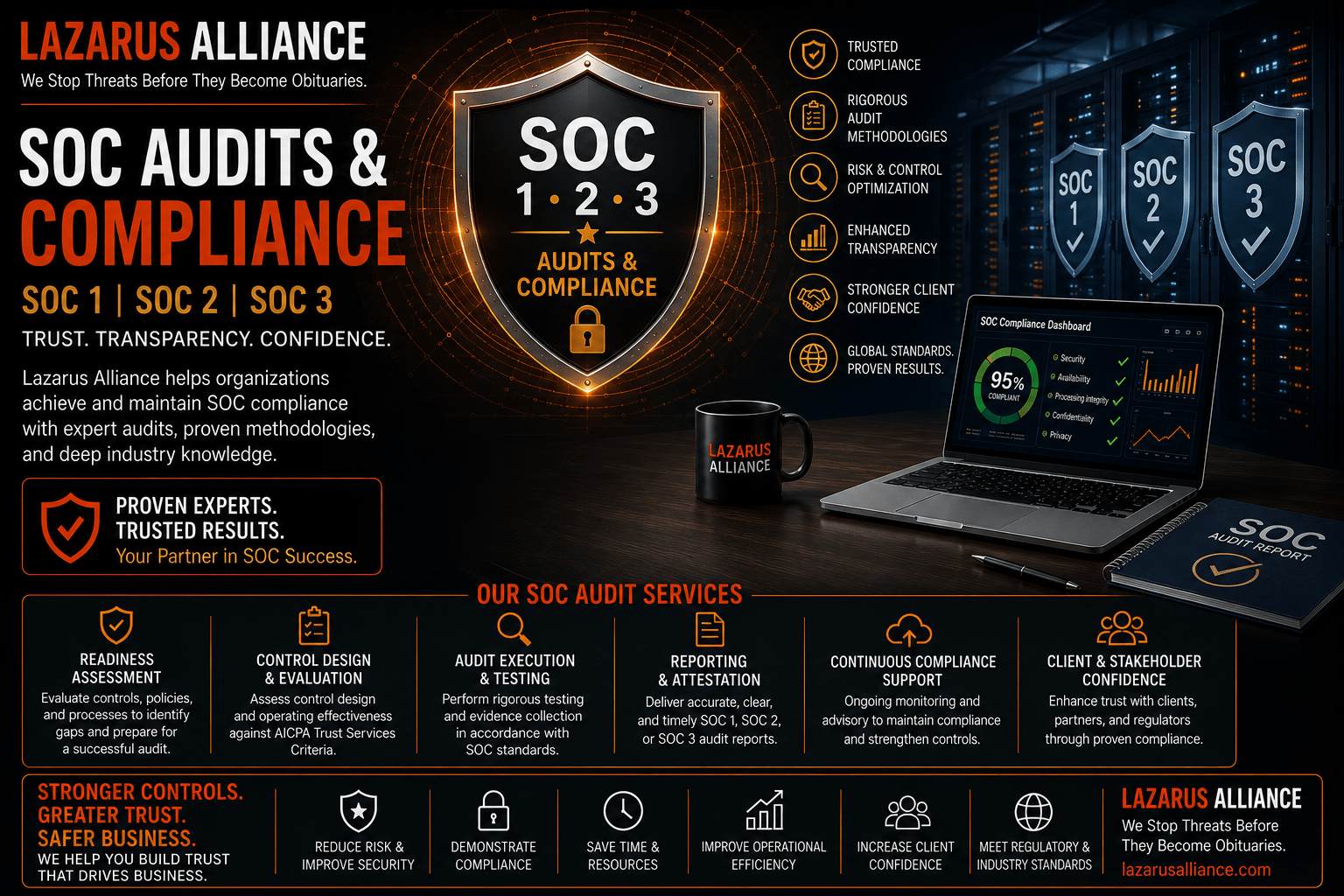 SOC 1, SOC 2 and SOC 3 SOC Audit and Assessments; we are ready when you are! Call +1 (888) 896-7580 today.