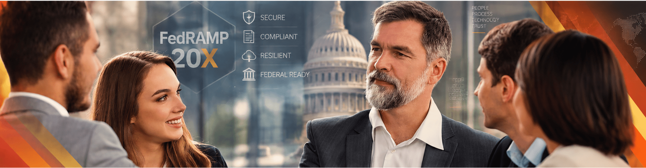 Lazarus Alliance FedRAMP 20x compliance and certification banner showing cybersecurity professionals, federal readiness, security, resilience, and the U.S. Capitol.