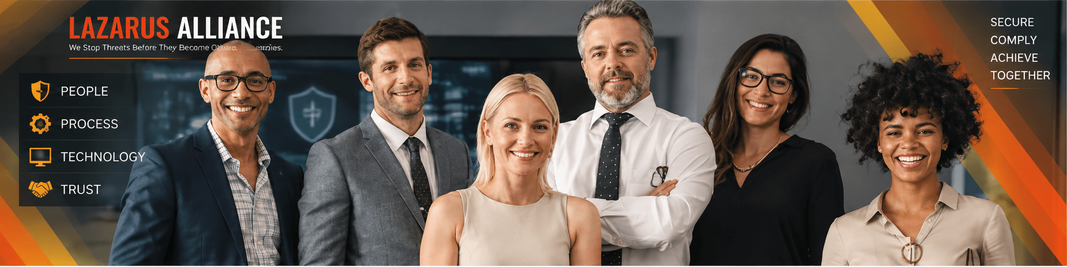 Lazarus Alliance cybersecurity team representing people, process, technology, and trust working together to secure, comply, and achieve business objectives.